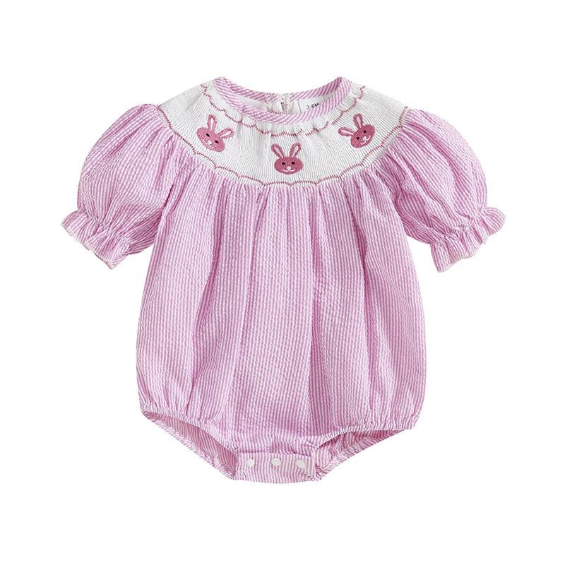 Toddler Girls Easter Outfit Bunny Embroidered Striped Short Sleeve Romper Jumpsuit Summer Clothing for Baby Girls