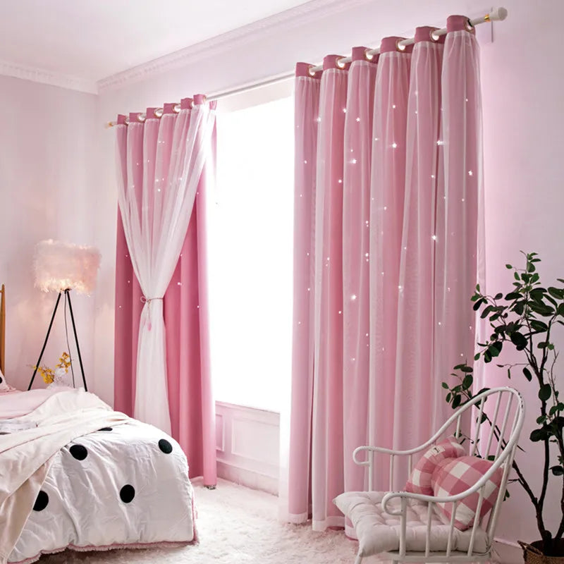 Hollow Star Curtain Fantasy Princess Style Lace Curtain Finished Product High Blackout Curtain for Balcony Living Room Bedroom