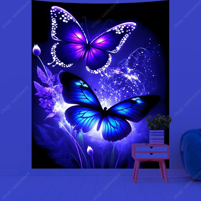 Butterfly Flower UV Reactive Tapestry Wall Hanging Hippie Boho Room Decor Aesthetic Psychedelic Home Dorm Wall Decor Party Decor