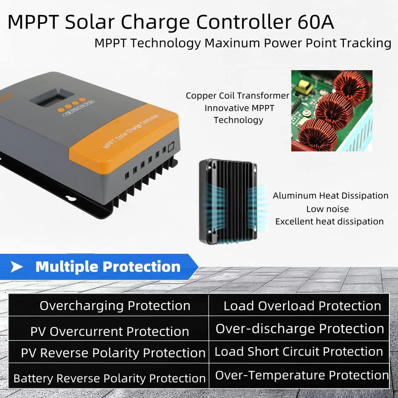 60A MPPT Solar Controller 12V 24V 36V 48V Auto Solar Charge Controller For Lithium, Lead-Acid, Gel Battery Solar Panel Regulator