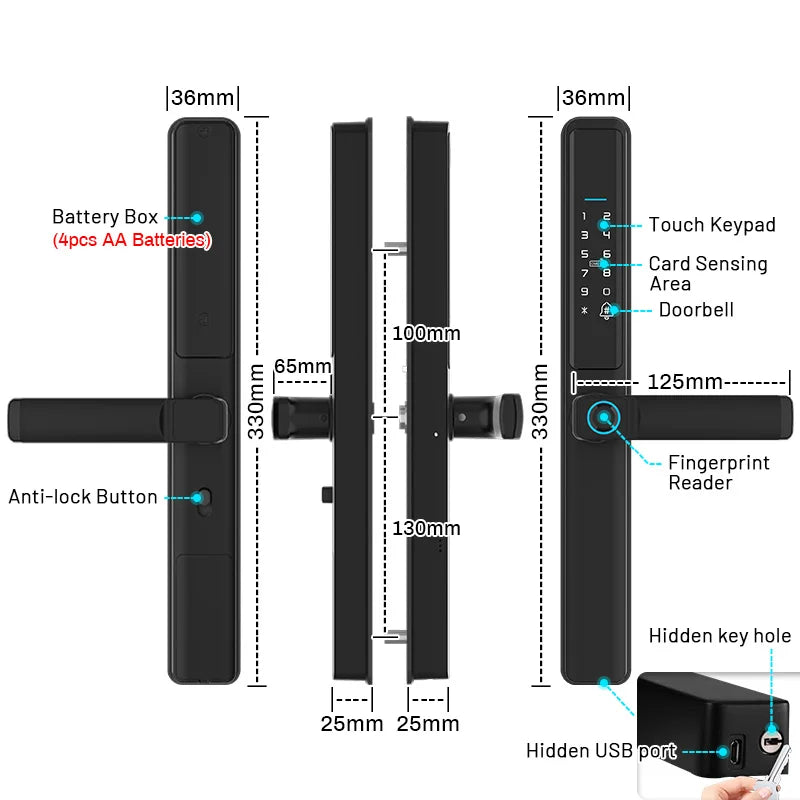 Waterproof Camera Outdoor Fingerprint TUYA WIFI APP RFID Card Code Keyless Smart Electronic Door Lock Aluminum/Glass Sliding