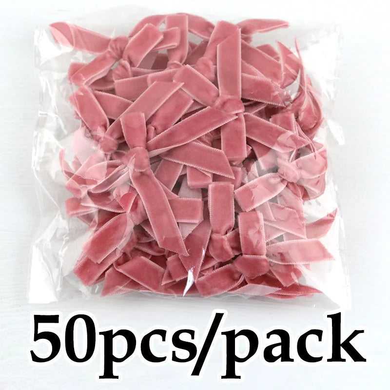 (50 Pcs/pack)5x5cm Velvet Bow Flesh Pink Ribbon Bows Small Size Polyester Satin Ribbon Bow Flower Craft Decoration DIY