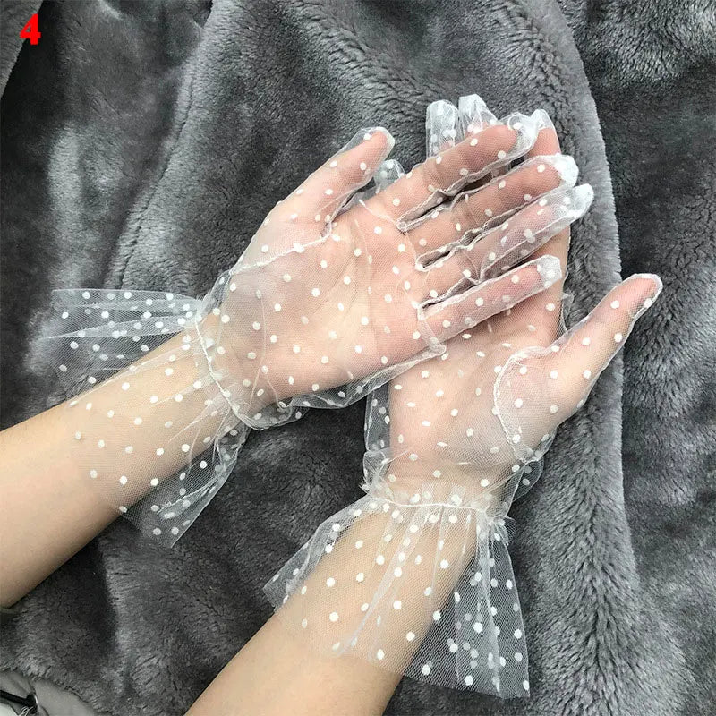Retro Spring Summer Women Short Tulle Gloves White Black Wedding Gloves Stretchy Lace Full Finger Mittens Mesh Translucent Glove