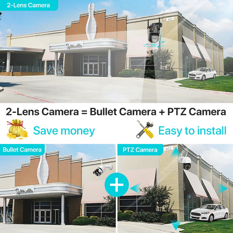 4K 8MP HD WIFI PTZ Camera Dual Lens Dual Screen IP Camera Outdoor 4MP Auto Tracking Security Protection CCTV Surveillance iCSee