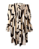 Casual Dress Loose Mini Sexy Abstact Print Shirred Off Shoulder Fashion Casual Ruffles Dress Slash Neck