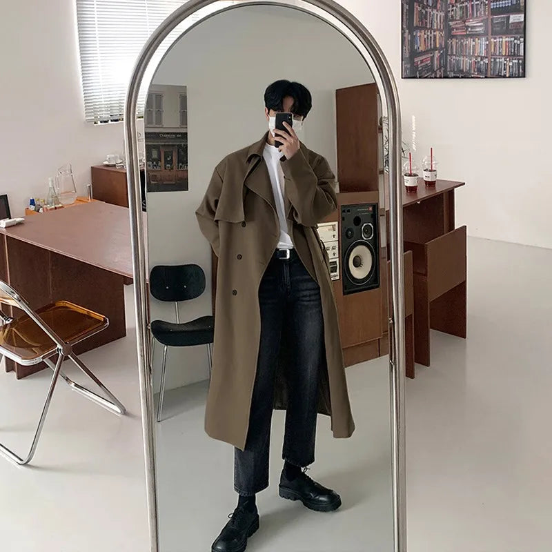 Trench Men Coat British Style Solid Double Breasted Oversize Leisure Long Coats Stylish Outwear Hombre Korean Style Windbreaker