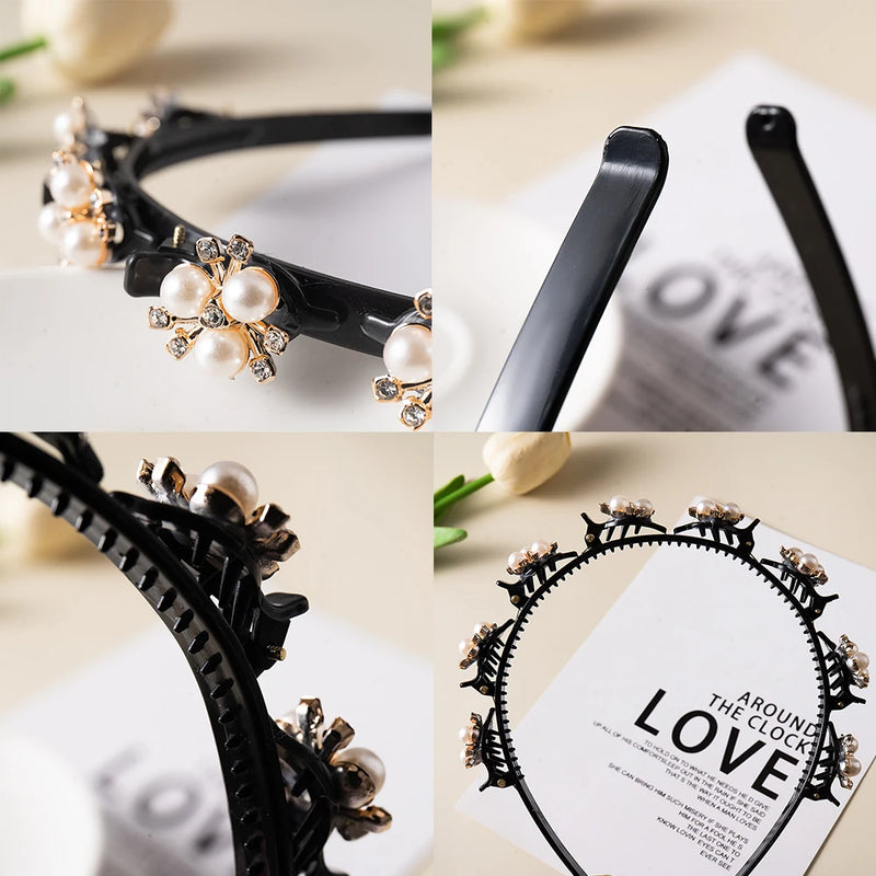 Pearl Flowers Hairpin Hairbands for Women Non-Slip Headband Rhinestones Hair Bands Clips Hairstyle Double Bangs Hair Accessories