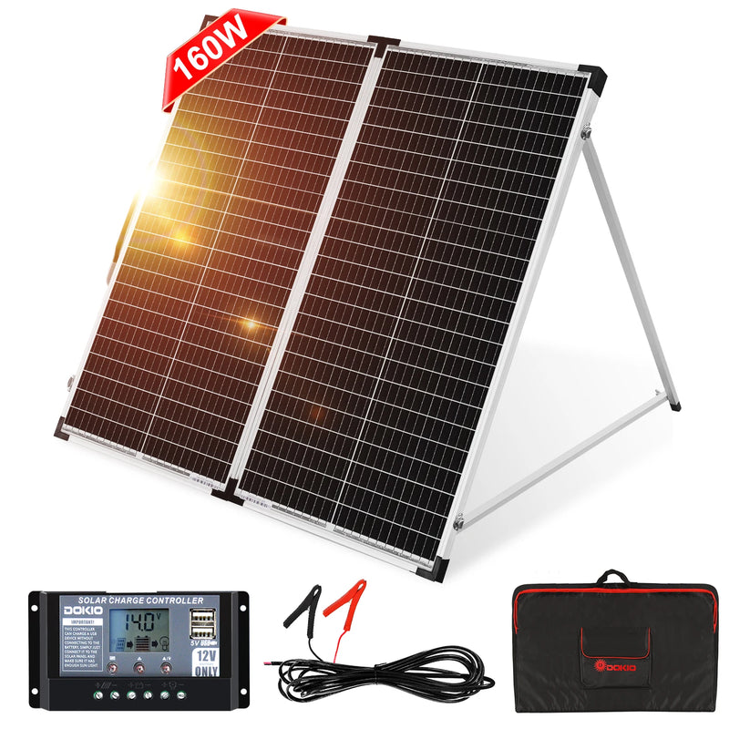 DOKIO 100W/160w/200w 18V Glass Folding Monocrystalline Waterproof Solar Panel with 12V Controller Kit from China