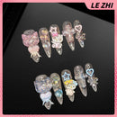 10Pcs Y2K Spicy Girl Long Coffin Handmade Press On Nails 3D Sanrio Hello Kitty Bear Pearl Diamond Pentagram Wearable False Nail