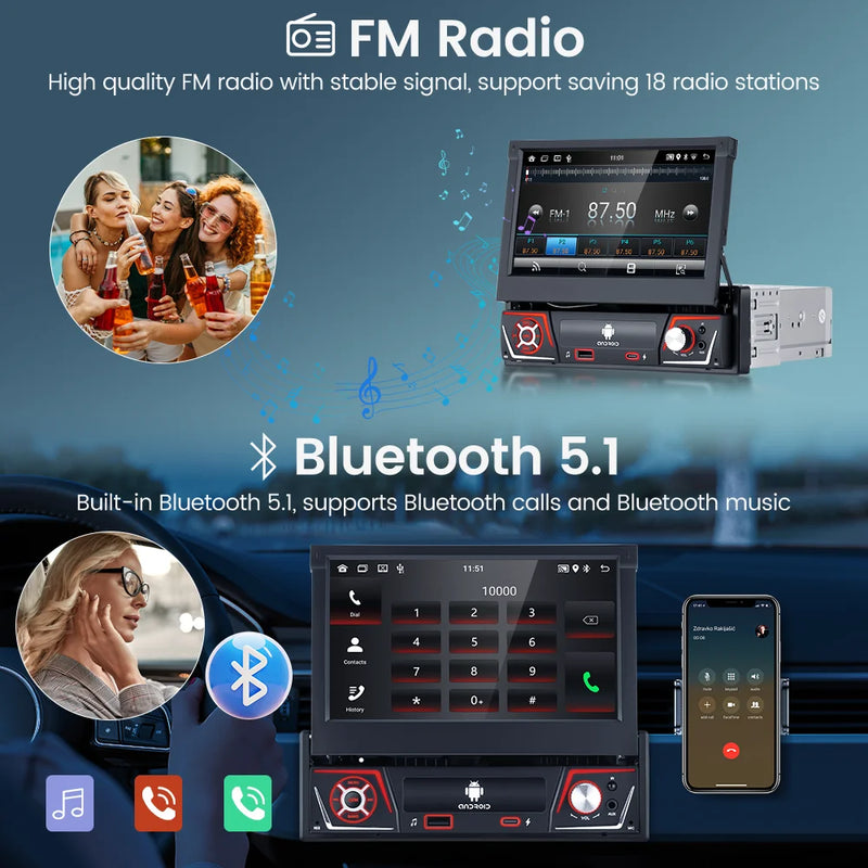 1 din Car Radio Android Carplay Auto Universal 7" IPS Retractable Screen gps Navigation 1Din Android 12 Multimedia Video Player