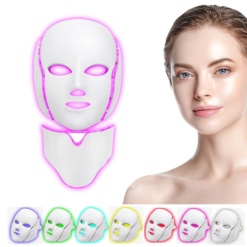 LED Facial Mask 7 Colors Light Phototherapy Face Mask with Neck Anti Acne Whitening Red Light Therapy Mask Skin Beauty Treatment