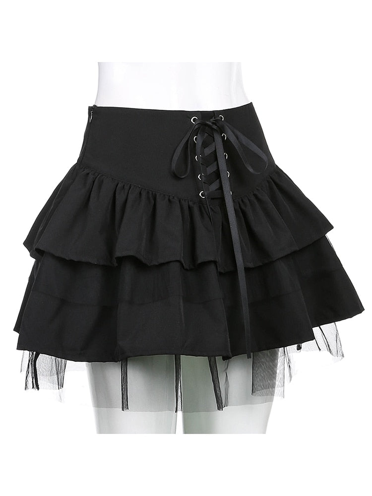 Sweetown Black Punk Goth Pleated Skirts Womens Cross Lace-Up Korean Fashion Streetwear Dark Academia High Waist Mini Skirt