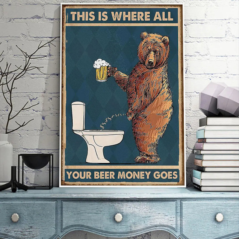 Retro Funny Wall Art Poster Prints Bear Drinking Beer in The Toilet Canvas Painting Picture For Room Home Decoration