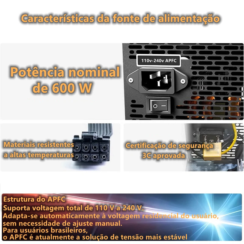 Wovibo Fonte PC Power Supply PSU Rated 600W 80 Plus APFC 120mm Fan Gaming 220V 110V ATX Computer Fuente De Alimentacion Source