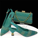 Venus Chan High Heels Shoes for Women Embroidery Rhinestone Italian Design Gold Color Pointed Toe Shoes and Bags Set Fashio