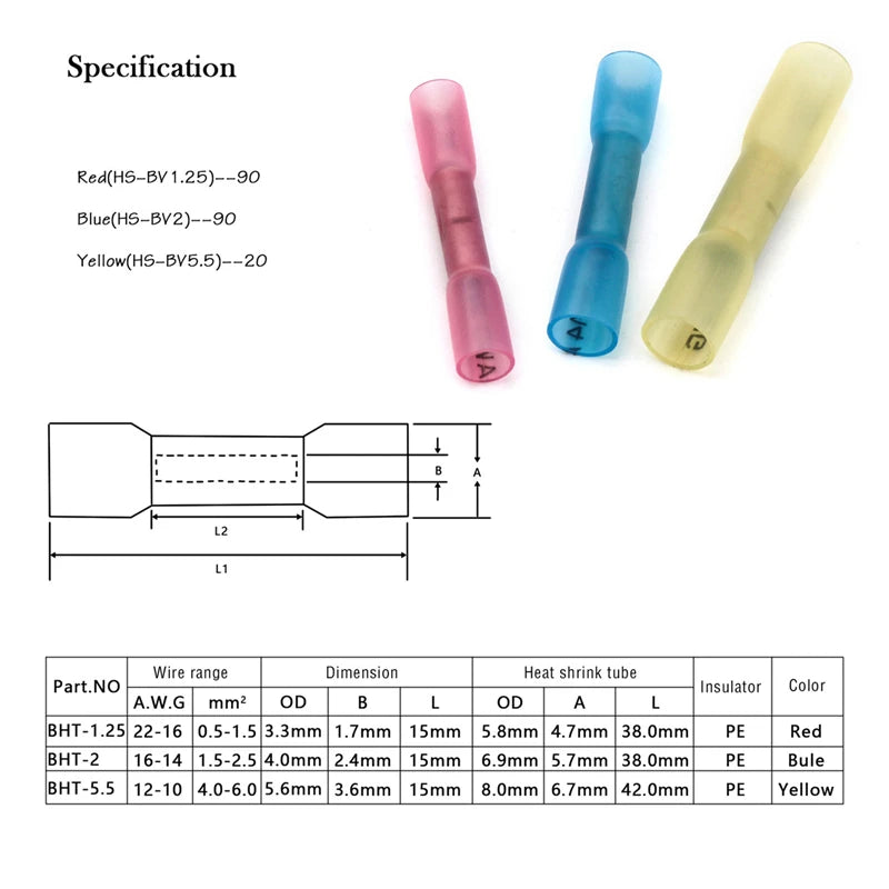 50pcs Waterproof Heat Shrink Wire Connectors Kit, Automotive Electrical Connector Terminals Kit Butt Splices Connector 22-10AWG