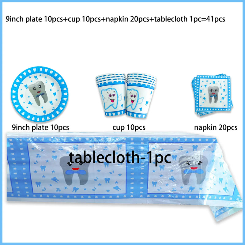 My First Tooth Blue Theme Party Disposable Tableware Stes Boy Girl First Tooth Birthday Party Decor Cups Plates  Napkins Banners