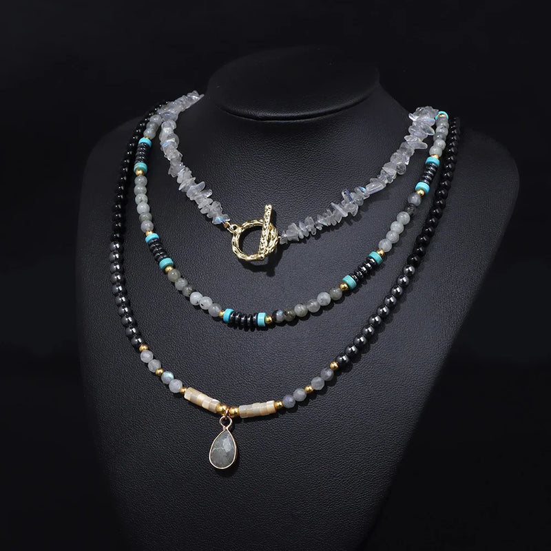 Drop Pendant Chip Stone Beaded Necklaces Set Natural Lapis Lazuli Quart Charm Necklace Vintage Female Energy Jewelry for Women