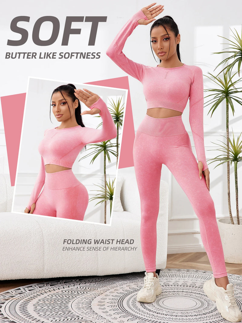 2 Pieces Sets For Women Wash Tie-dye Sports Sets Long Sleeved Round Neck Top Hight Waist Lift Hip Outdoors Leggings Sports Sets