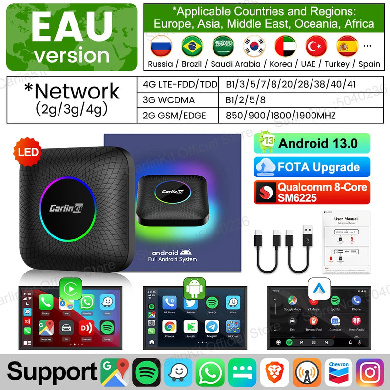 2025 CarlinKit CarPlay AI Box Android 13.0 QCM6225 8-Core Android Auto Wireless CarPlay Adapter 2.4+5GGPS 64G 128G FOTA Upgrade