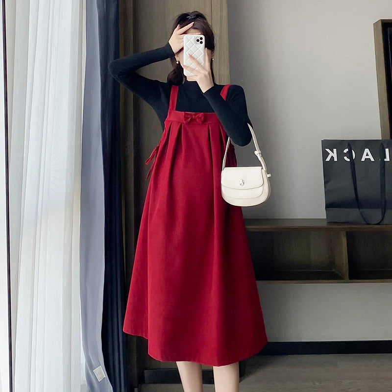 2025 New Year Maternity Dress Red Strap Dress with Bow Plus Size Pregnant Woman Party Dress Sleeveless Pregnancy A-line Dresses