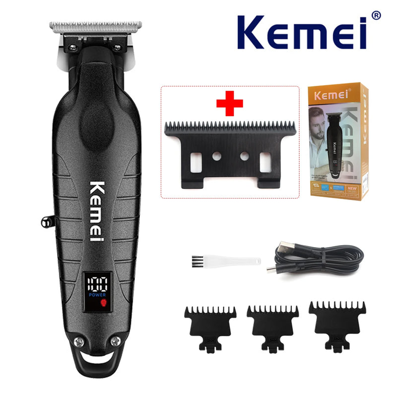 Kemei KM-2293 Professional Hair Trimmer Machine Zero Gapped Full Metal DLC T-Blade Finishing Machine USB LED Man's Hair Clipper