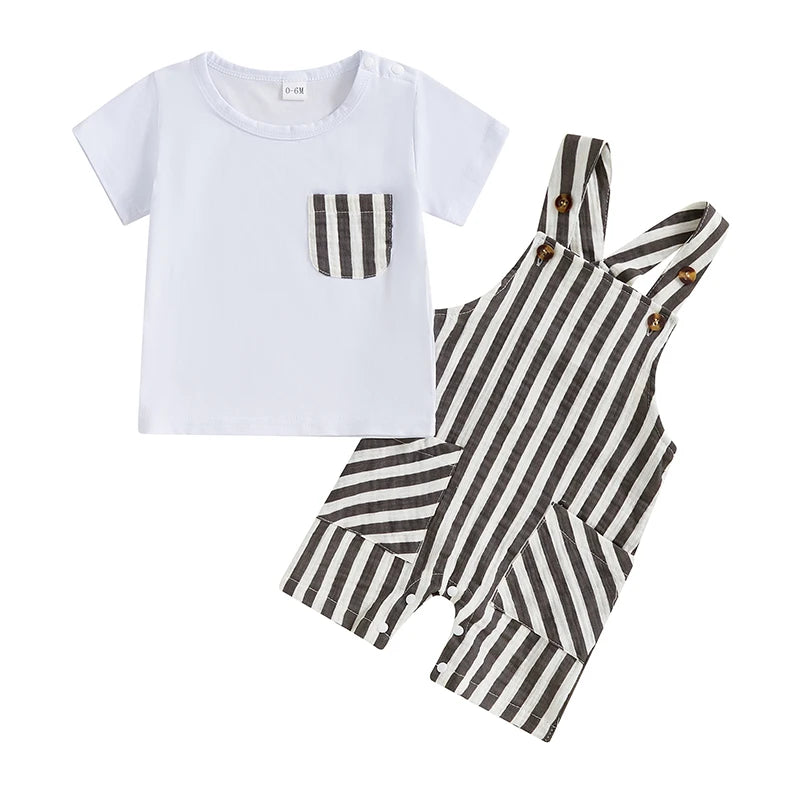 Toddler Boy s Summer Set Short Sleeve Crew Neck Tee with Striped Overall Shorts Cute Baby Boy Outfit for Warm Weather