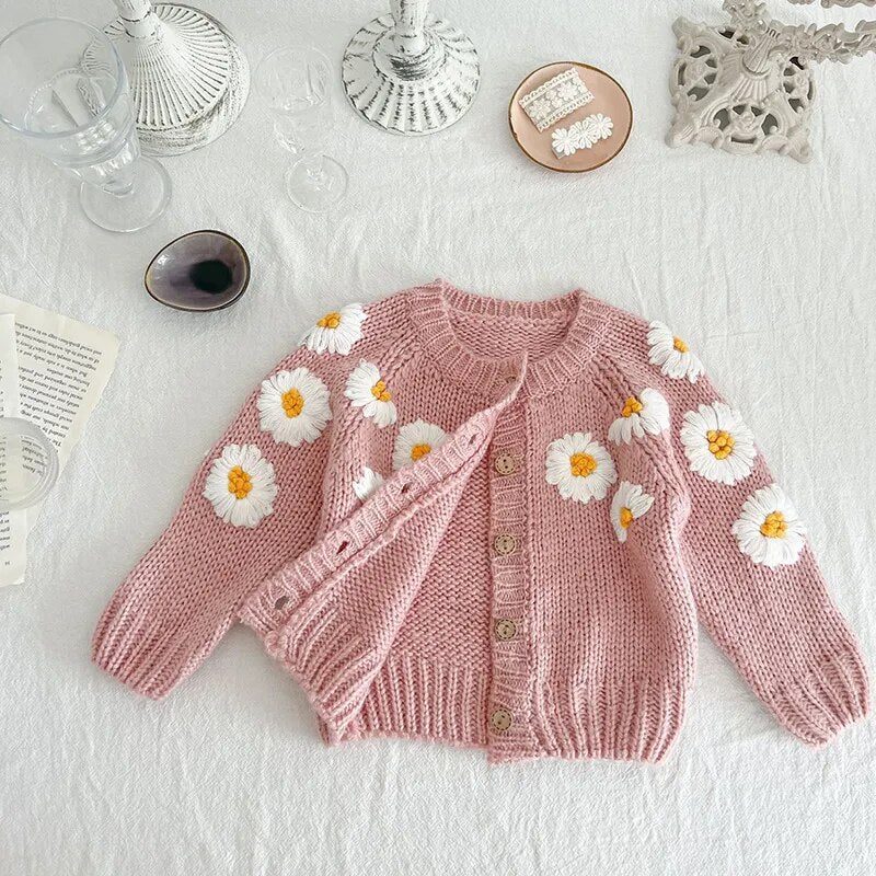 MILANCEL Autumn Baby Clothes Dasiy Embroidery Girls Sweaters Single Breast Knitwear Toddler Cardigans