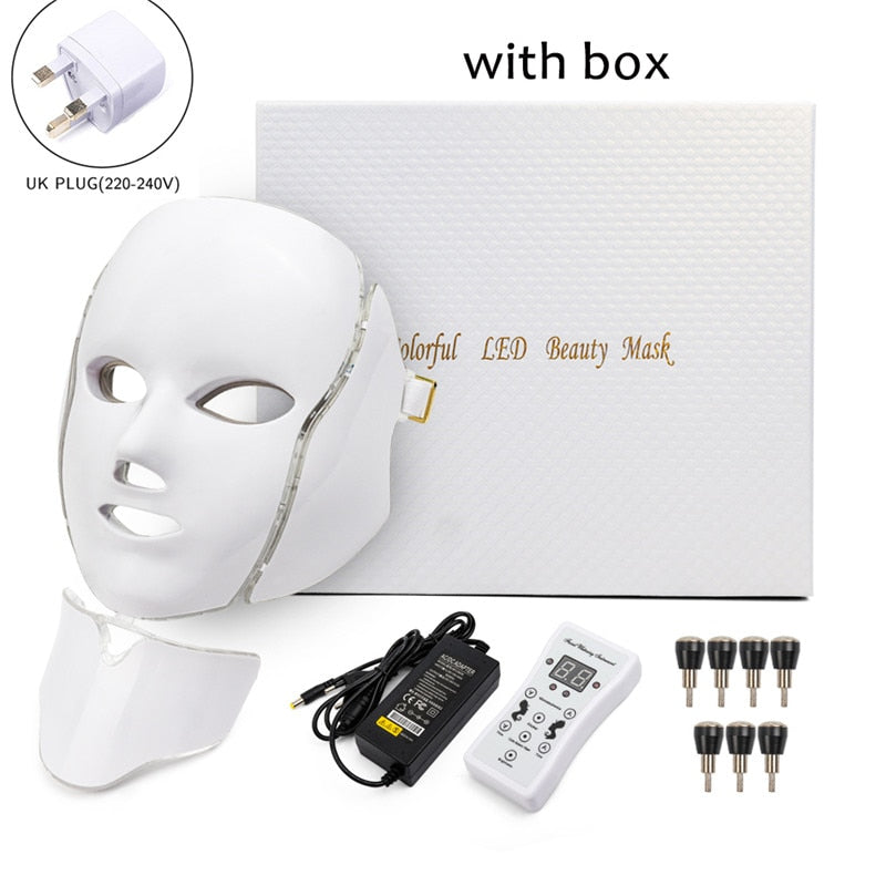 LED Facial Mask 7 Colors Light Phototherapy Face Mask with Neck Anti Acne Whitening Red Light Therapy Mask Skin Beauty Treatment