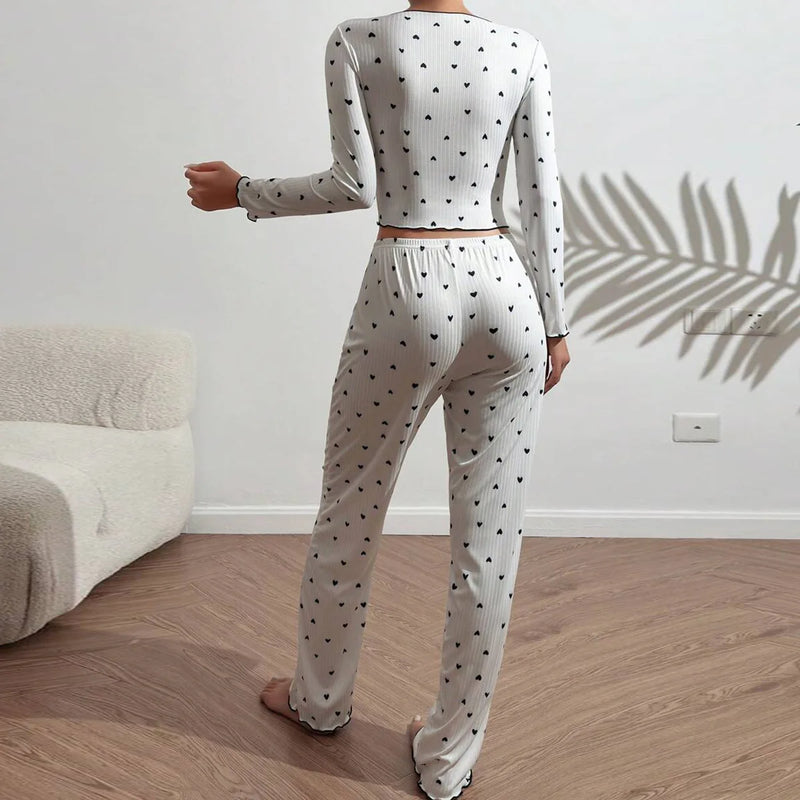 Women's Loungewear  Sets Heart Print Cami Tops Bow lapel Long sleeved and Elastic Waist Pants Sleepwear Spring Summer Pajamas