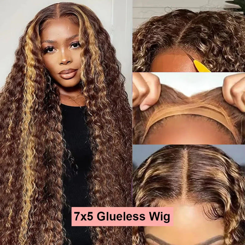 4/27 Highlight Curly Glueless Wigs Human Hair Ombre Colored Deep Wave 7x5 Lace Closure Wig Human Hair Wigs Pre Cut Ready To Wear