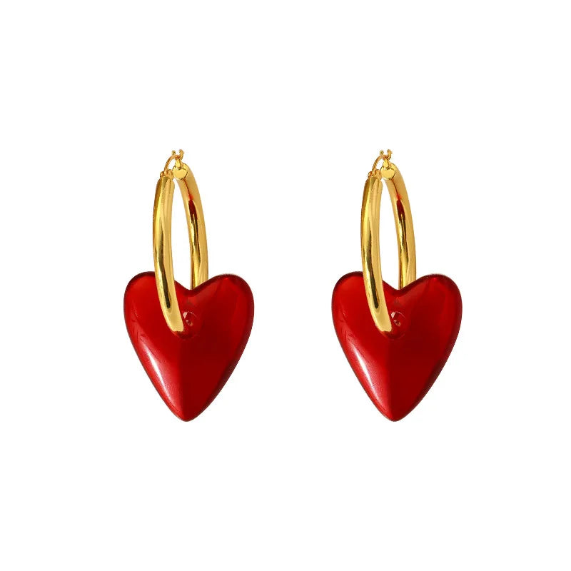 XIALUOKE Vintage Hyperbole Red Heart-shaped Drop Earrings For Women Personality Golden Hoop Earrings Jewelry Accessories