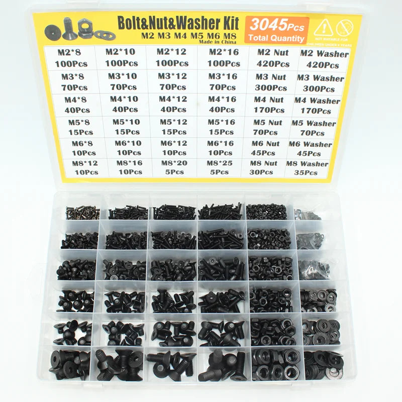 3045p Black Flat Head Socket Cap Screw Countersunk Bolts Nuts Washers Kit M2 M2.5 M3 M4 M5 M6 M8 10.9 Grade Alloy Steel DIN 7991