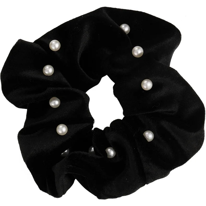 Fashion Women Black Velvet Hair Scrunchies Vintage Pearl Elastic Hair Bands Elegant Hair Ties Simple Ponytail Holder Head Bands