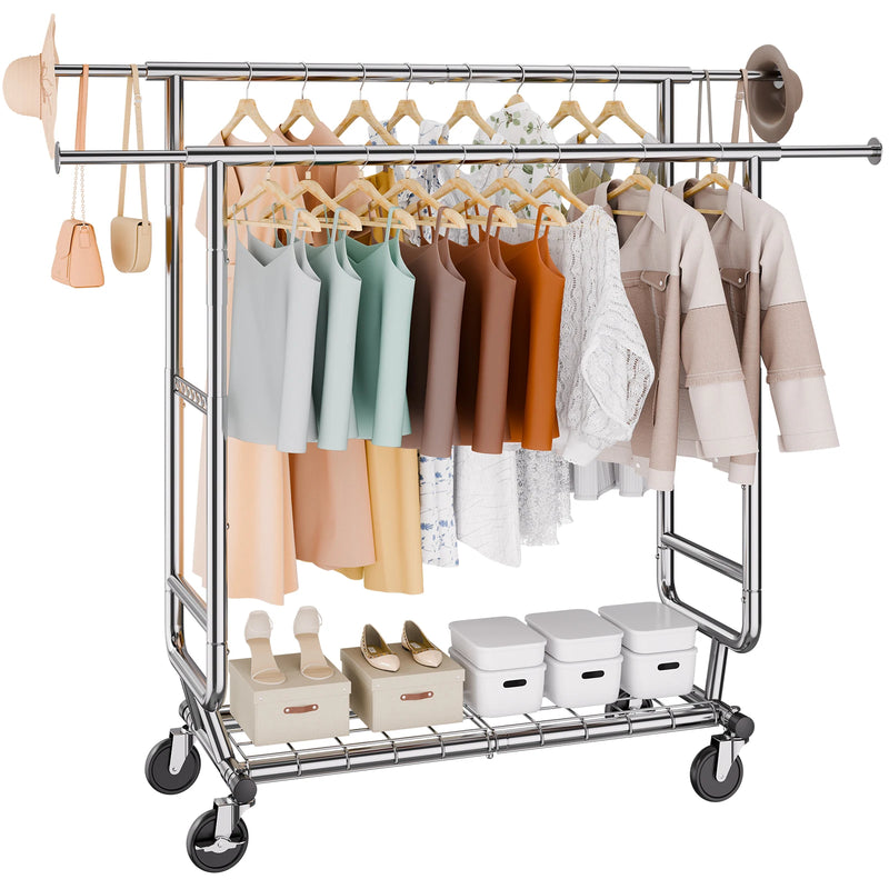 SucceBuy Clothing Garment Rack Heavy Duty Clothes Rack Adjustable Length Clothes Rack w/ Bottom Shelf & Wheels for Laundry Room