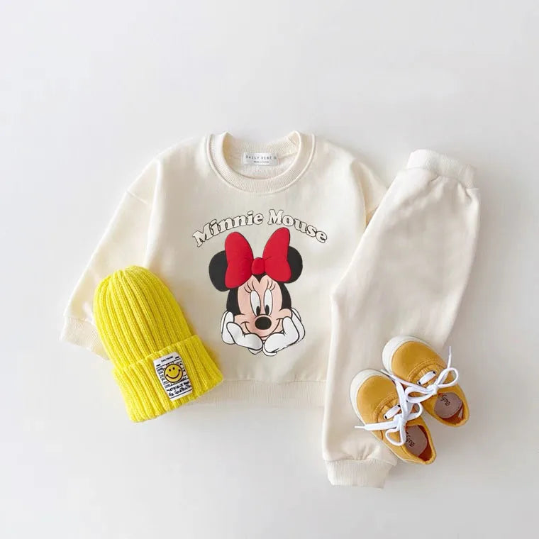 Mickey Printed Sweatshirts Baby Girl Two Piece Set Disney Casual Pure Color Long Sleeve Outfits For Child Spring Autumn Clothing