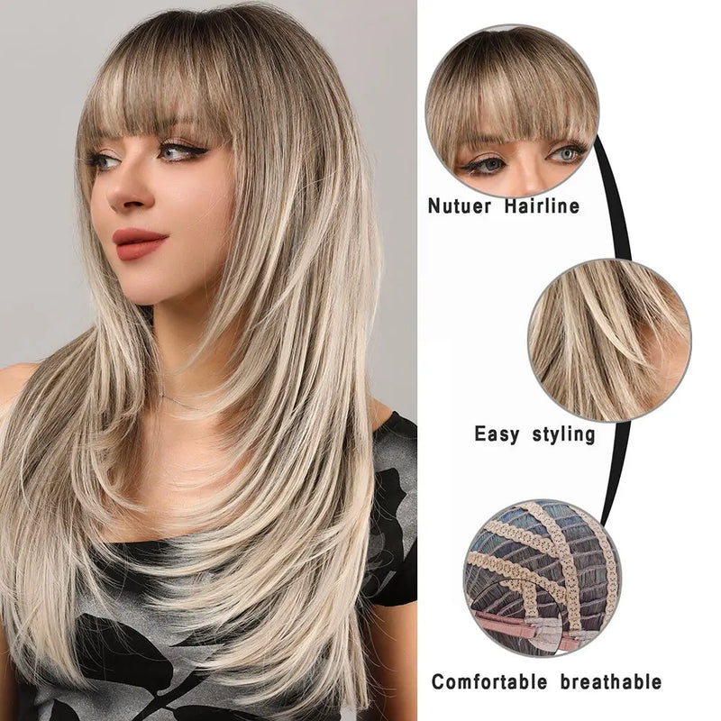 Women Blonde Wigs Long Blonde Bangs Dark Root Layered Synthetic Wig For Daily Use Suitable For Fashion Ladies