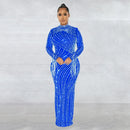 CM.YAYA Women Mesh Tassel Long Sleeve Diamonds Hot Rhinestones Bodycon Midi Maxi Long Dress and Tank Inner Dresses 2piece Suit