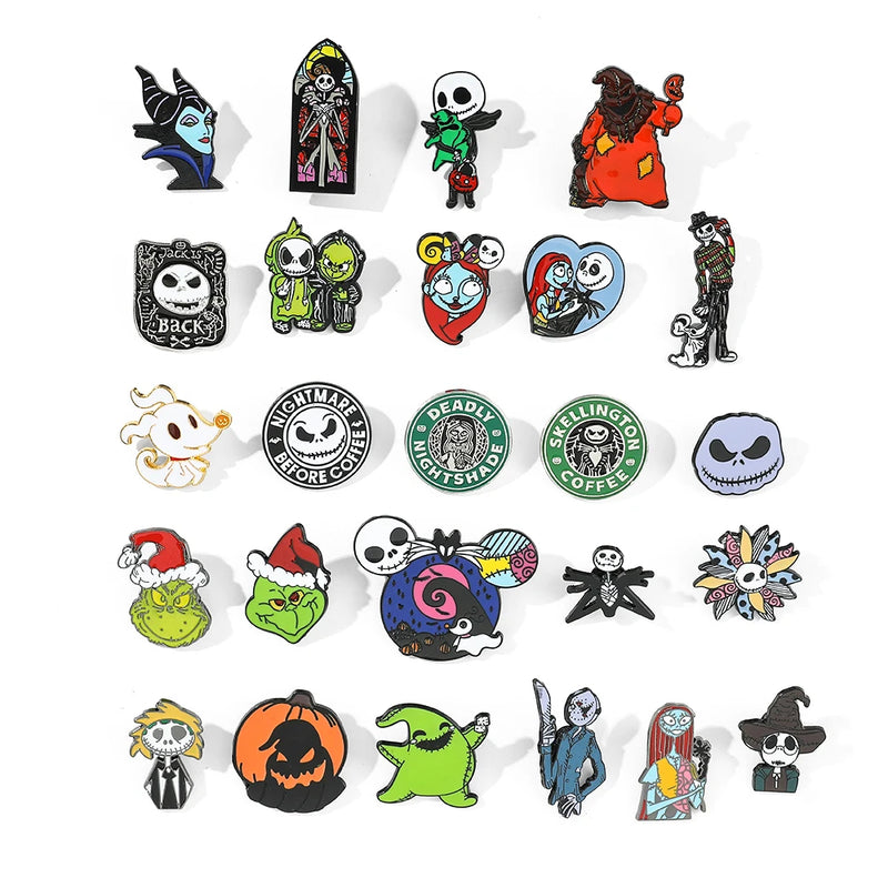 6 Pcs Terror The Nightmare Before Christmas Brooch Cartoon  Jack Skellington Sally Maleficent Enamel Pin Metal Badge Jewelry