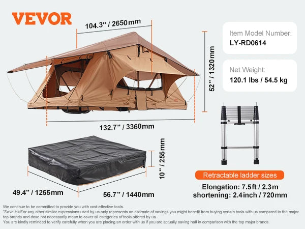 VEVOR Rooftop Tent Hardshell Folding Tent with Telescopic Ladder Mattress PVC Cover Bag Waterproof for Jeep SUV Van Pickup Truck