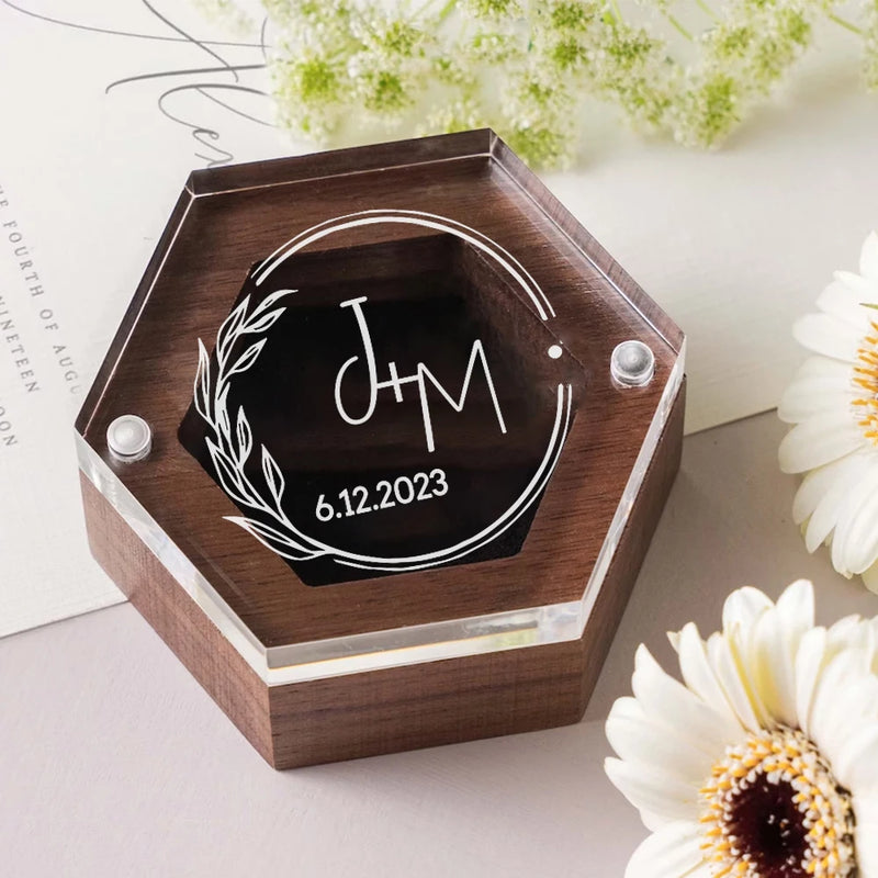 Personalized Engraved Wedding Ring Box, Proposal Gift Acrylic Cover and Wood Base Custom Rings, Engagement Wedding Decorations