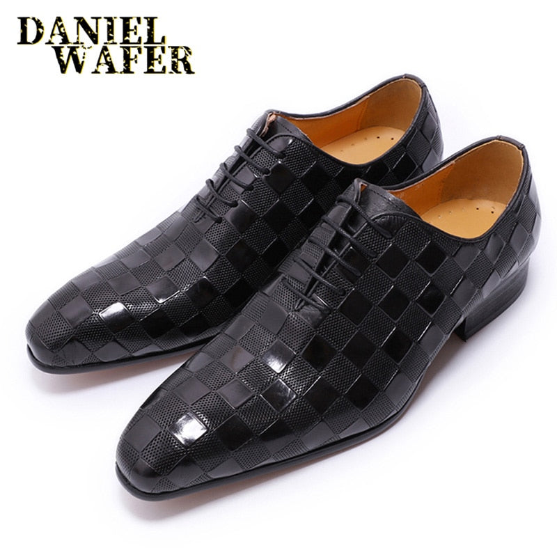 Luxury Italian Leather Dress Shoes Men Fashion Plaid Print Lace-Up Black Brown Wedding Office Shoes Formal Oxford Shoes for Men