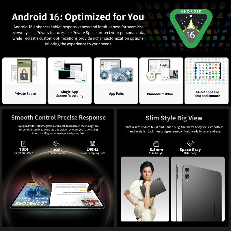 【New】Teclast T65, 13.4 Inch 120Hz Tddi, Android 16 Tablet, (8Gb+12Gb)20Gb Ram, 128Gb Rom, Unisoc T7280, 8 Cores, Mali-G57, 1920X1200, 8000Mah, 4g Volte, Wifi, Gps, 13Mp+5Mp