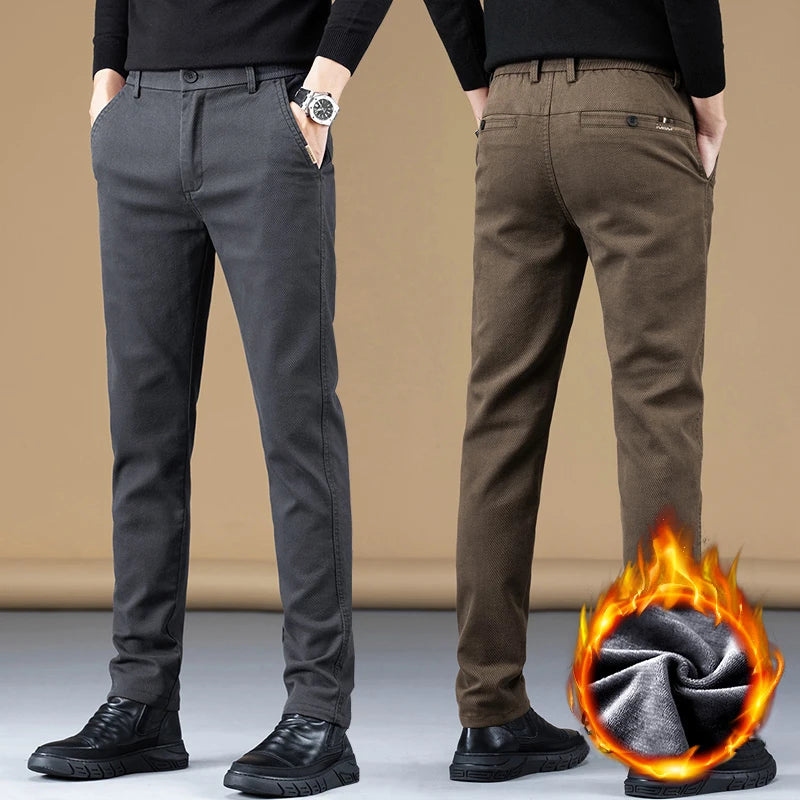 Stretch Fleece Casual Pants Men Korean Thickened Straight Thermal Velvet Pants Male Winter Business Soft Slim Fit Trousers