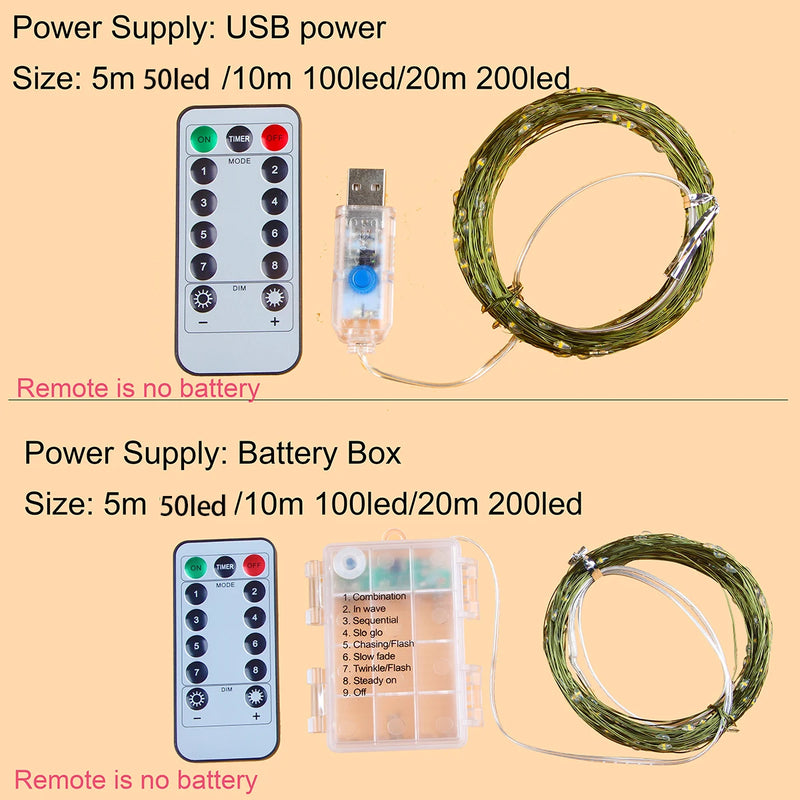 5M/10M/20M LED light string green copper wire Christmas fairy light camping garden terrace party wedding New Year USB battery bo