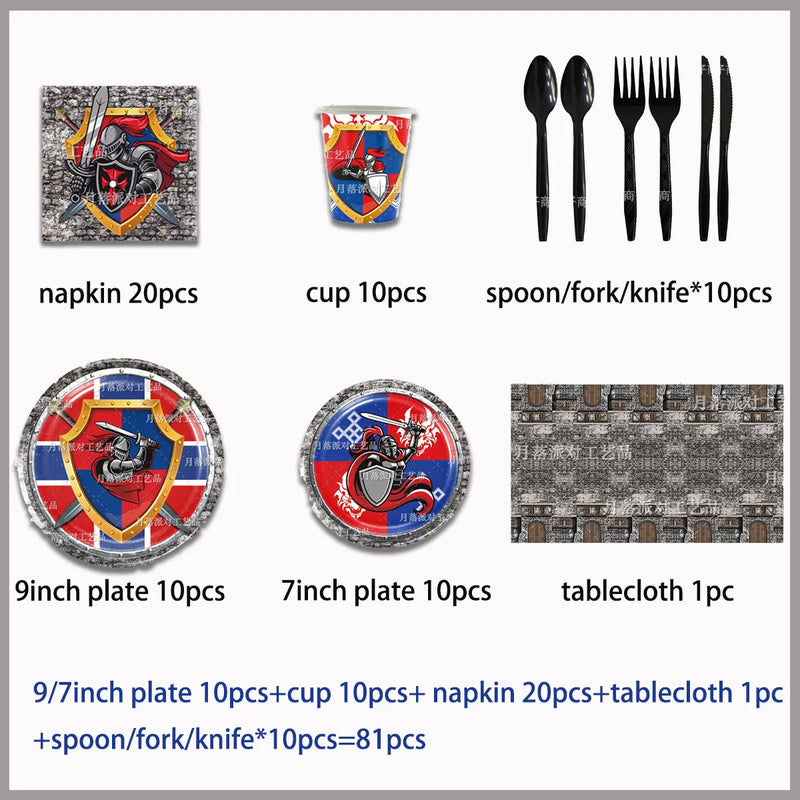 Middle Ages Armored Knight Theme Children's Birthday Party Decoration Supplies Disposable Backdrop Plate Banner Baby Shower Gift