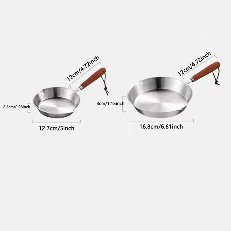 Flat Bottom 304 Stainless Steel Frying Pan Wooden Handle Oven Safe Omelette Pan 12/16cm Small Cooking Pan Kitchen Cookware