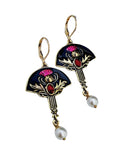 Creative Thistle Flower Drop Earrings Women Ethnic Black Enamel Fan Shaped Red Stone Pearl Statement Earrings