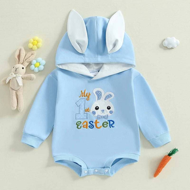 Adorable Baby Easter Bunny Hooded Romper with Long Sleeves and Embroidered Letter Detail for Infant Girls