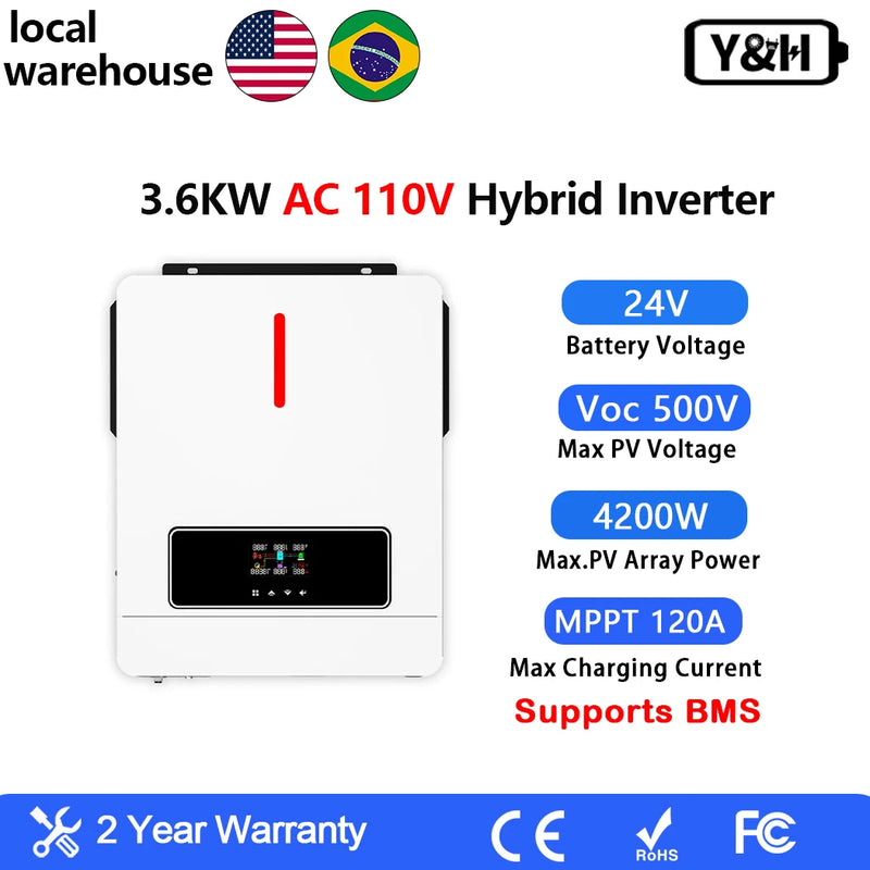 Y&H 3.6KW 4KW Hybrid Solar Inverter 24VDC 110VAC Pure Sine Wave Hybrid Inverter 120A MPPT Solar Controller Run Without Battery